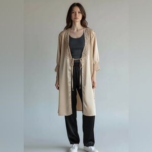 Vintage Elegant Satin Tan Crochet Lace-Trimmed Kimono Robe